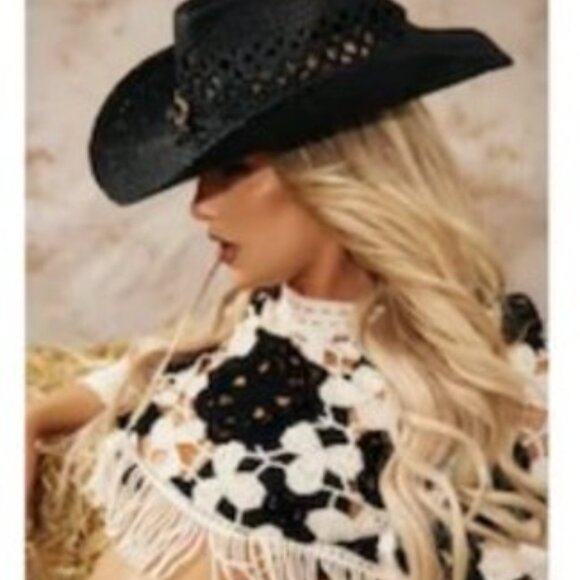 NWT Pretty Little Thing  Black Cowboy Hat with Heart Detail - Picture 2 of 3